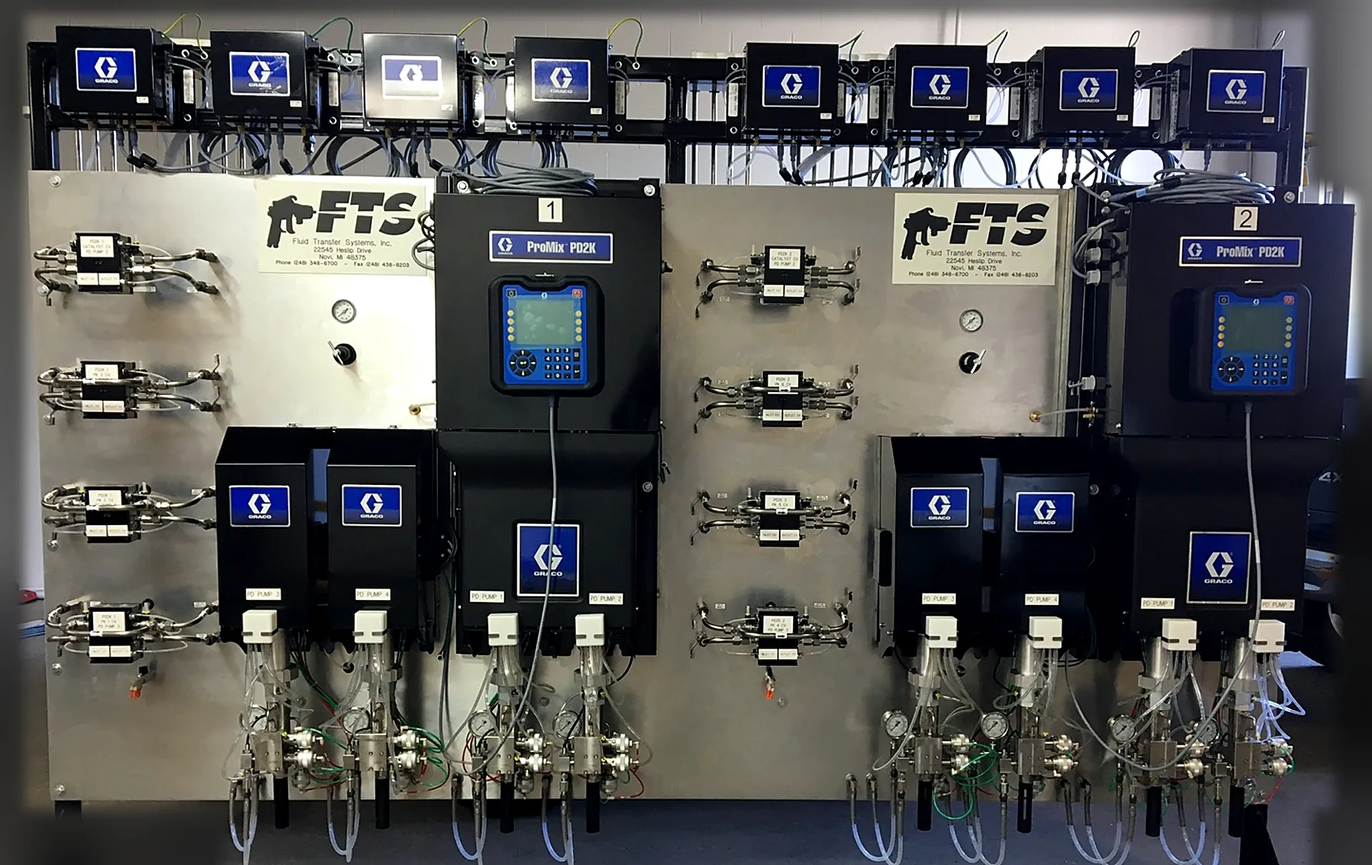 Dual Graco ProMix PD2K proportioner panel built by FTS in Novi, MI